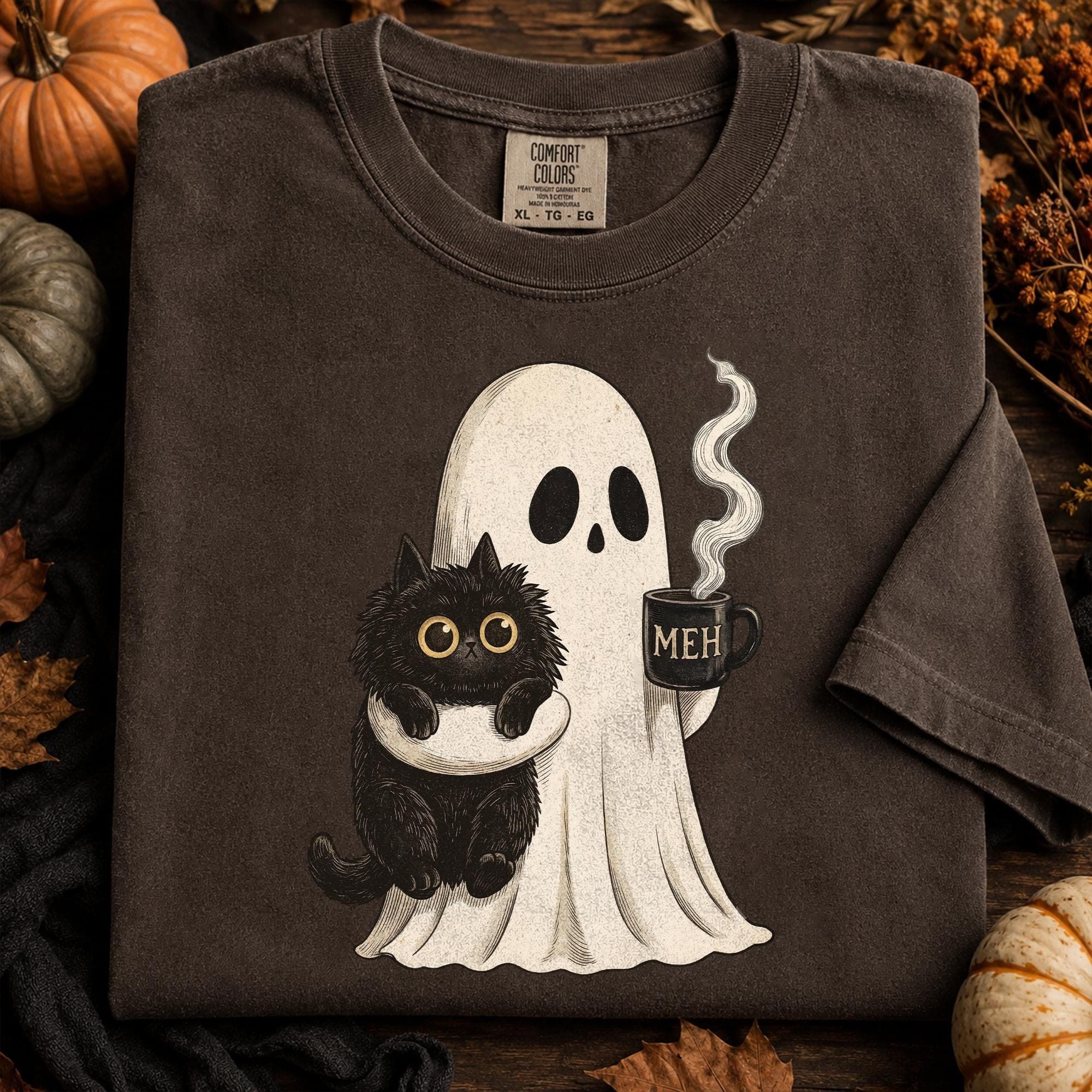Funny Introvert Ghost Cat Shirt, Spooky Coffee Lover Halloween T-Shirt