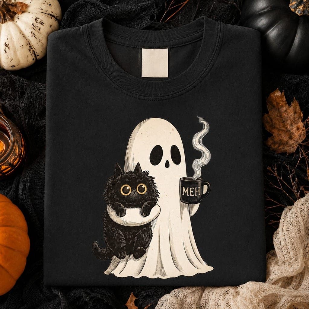 Funny Introvert Ghost Cat Shirt, Spooky Coffee Lover Halloween T-Shirt